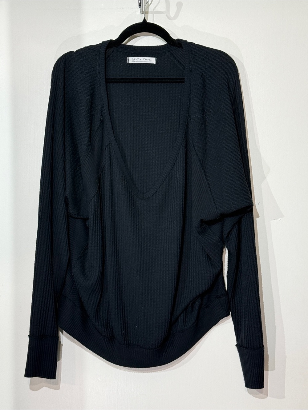 Free People Black Ribbed Wide V-Neck Waffle Knit Sweater Large